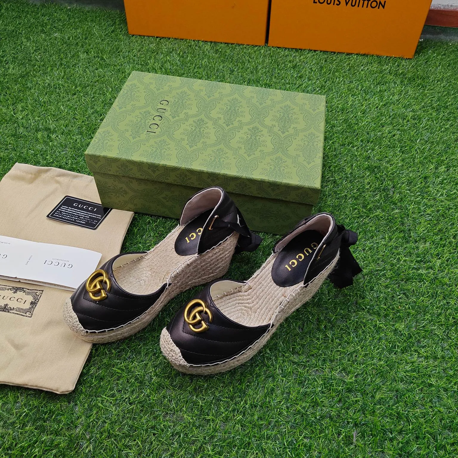 👟👟Ex-factory price 440👟👟 GUCCI wedge fisherman sandals, thick-soled straw, high-end quality, fabric: double G fabric, electric embroidery, lining: mixed sheepskin lining, code number: 35～41